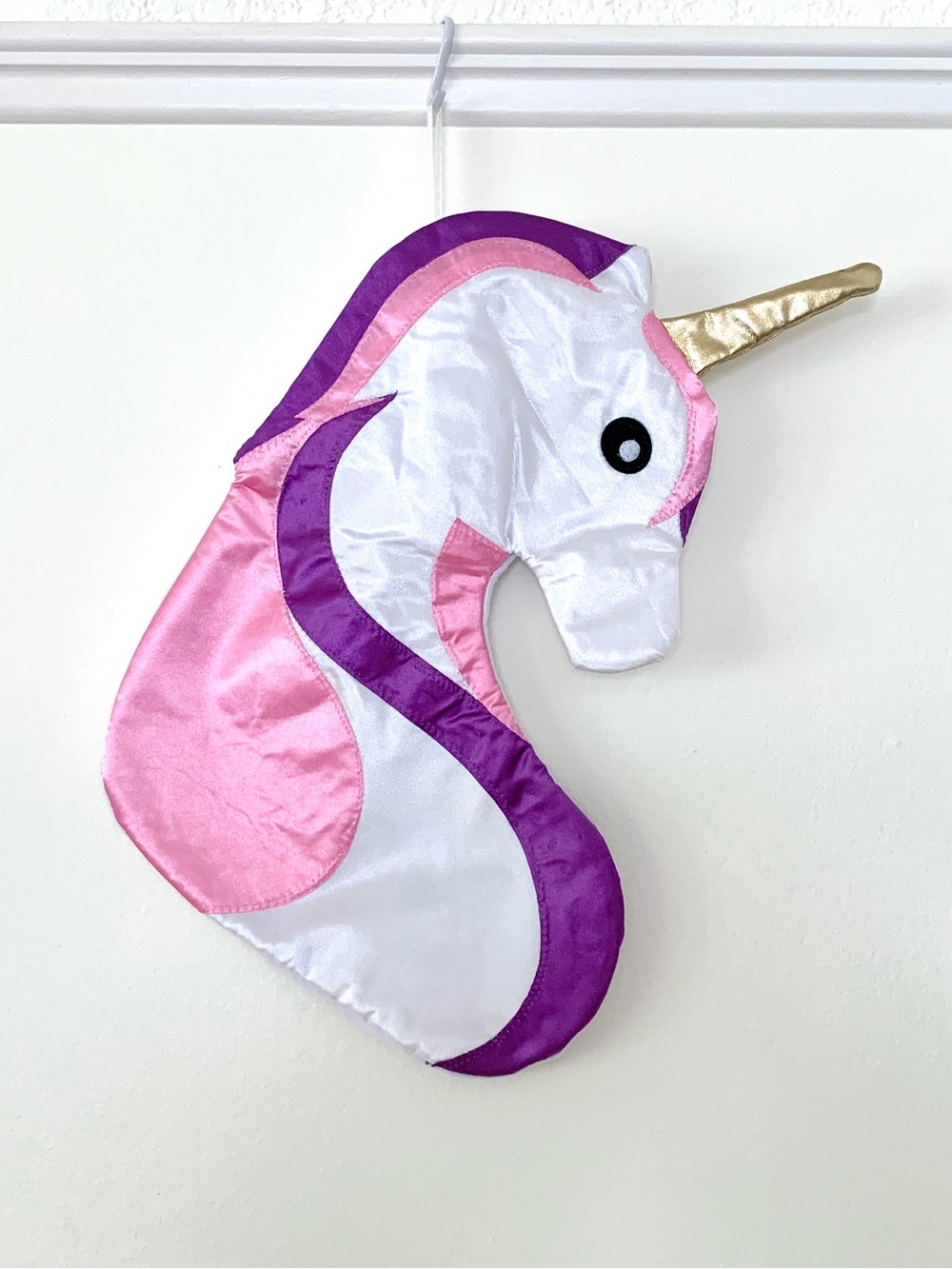 White satin unicorn with pink purple mane Christmas stocking